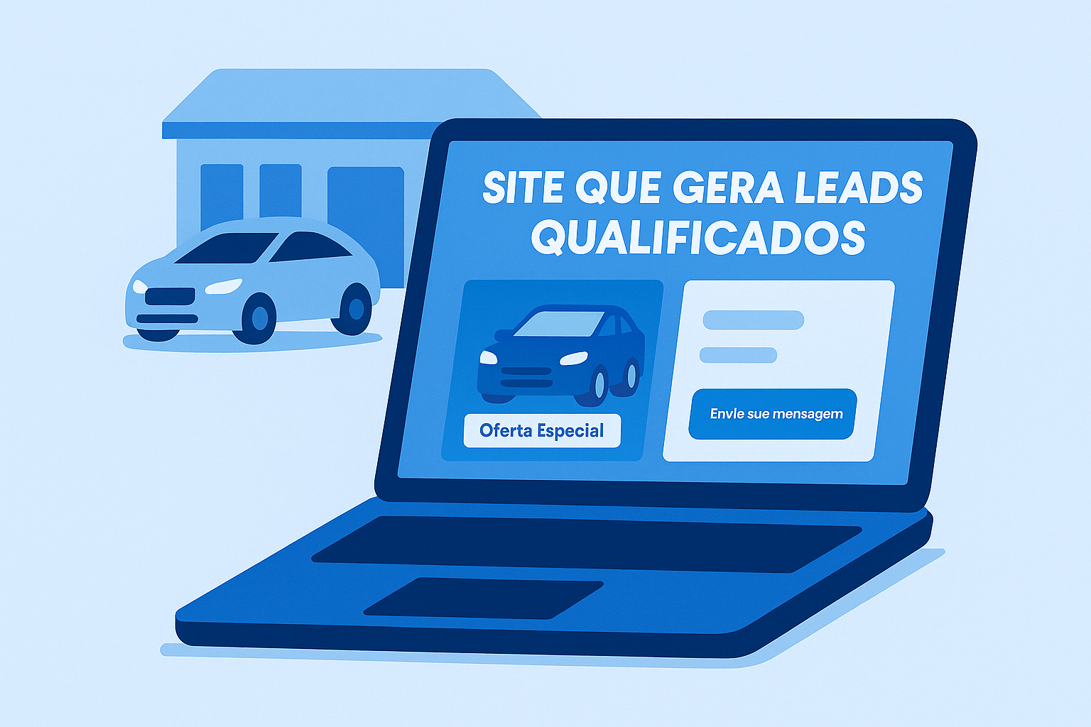 laptop exibindo site automotivo com geração de leads qualificados em estilo flat design azul
