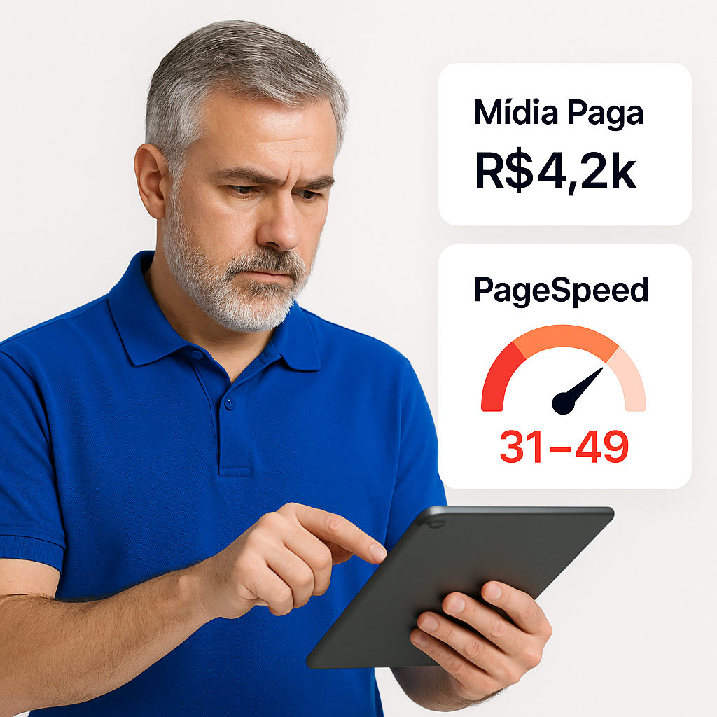 Homem preocupado com mídia paga alta e baixo PageSpeed no marketing digital automotivo