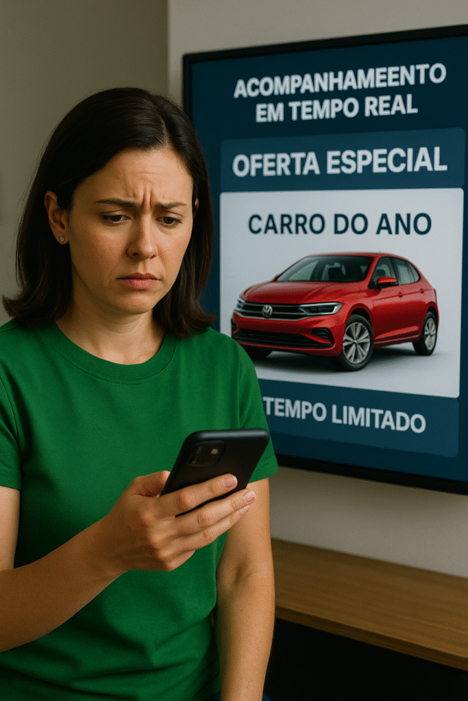 Gestora de marketing preocupada analisando dados de campanha em smartphone.