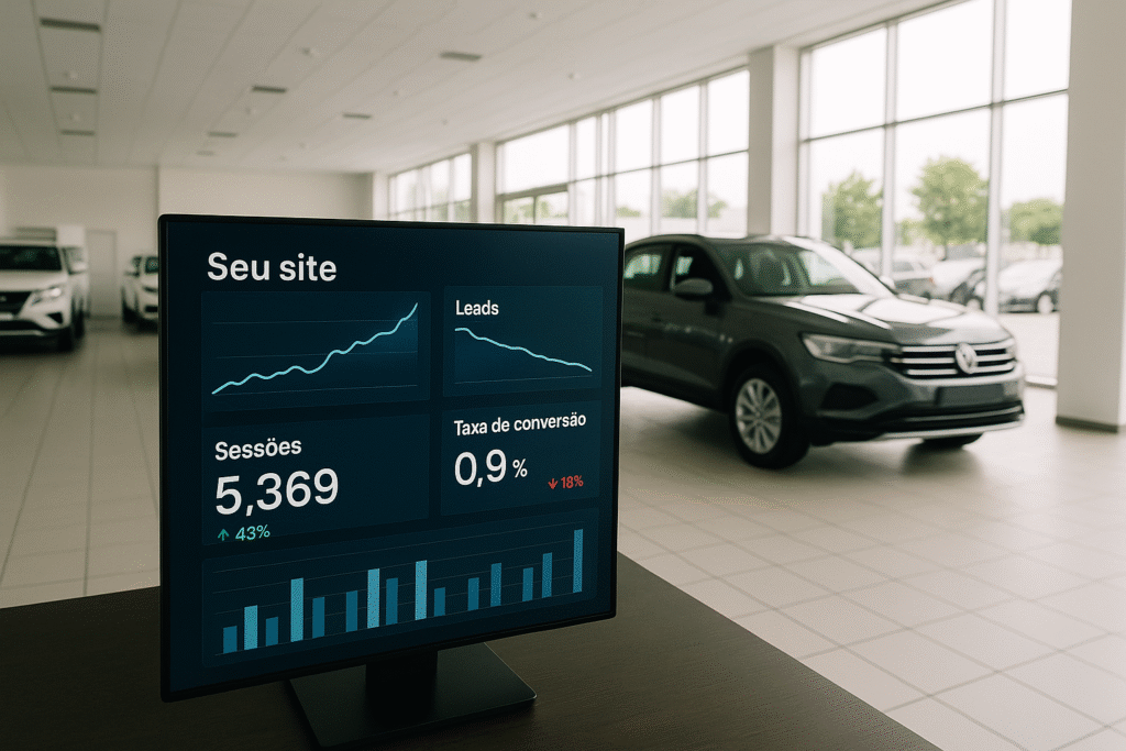 Dashboard de performance de site em concessionária com baixa conversão.