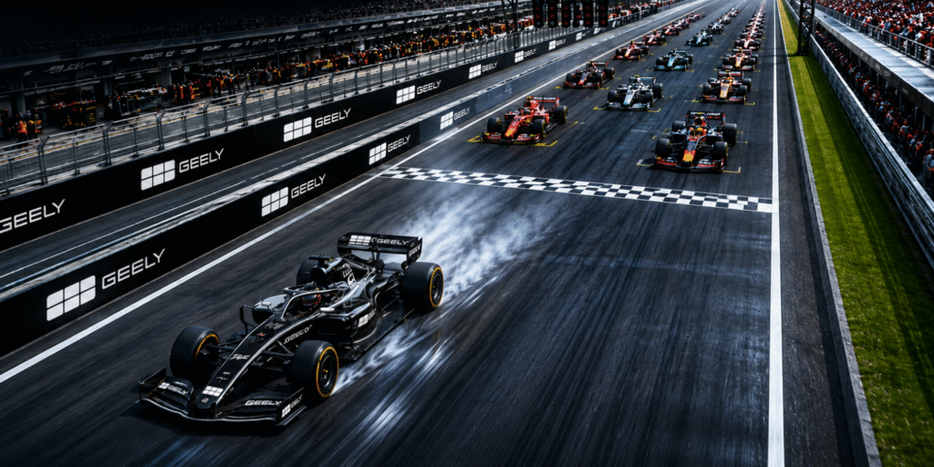 Cena aérea de uma largada de Fórmula 1, com um carro saindo do grid na pole position enquanto os outros ainda se posicionam