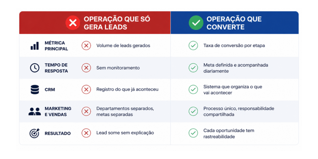 Diferença entre uma operação que acumula leads e uma que converte