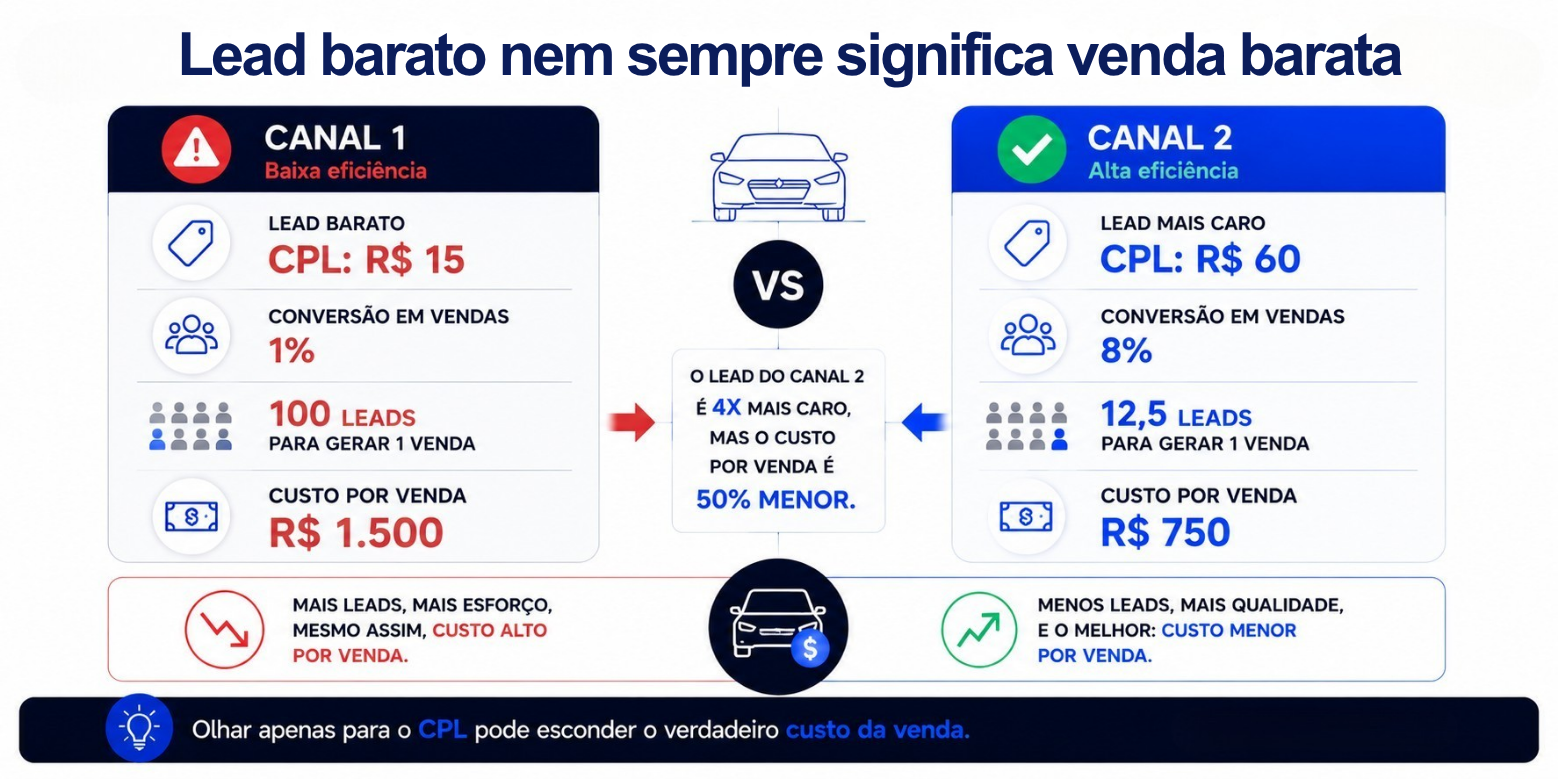 Comparação de CPL e taxa de conversão em vendas entre dois canais de marketing automotivo, mostrando o custo de aquisição de clientes da concessionária por canal - Ilustrativo