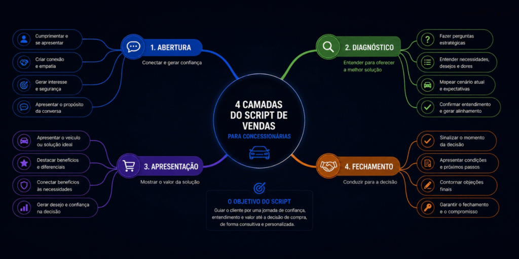 Mapa mental com as quatro camadas de um script de vendas para concessionária: abertura, diagnóstico, apresentação e fechamento