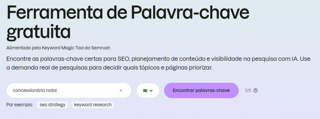 Página da Keyword Magic Tool (Semrush) para pesquisa de palavras-chave, com o termo de exemplo "concessionária natal"