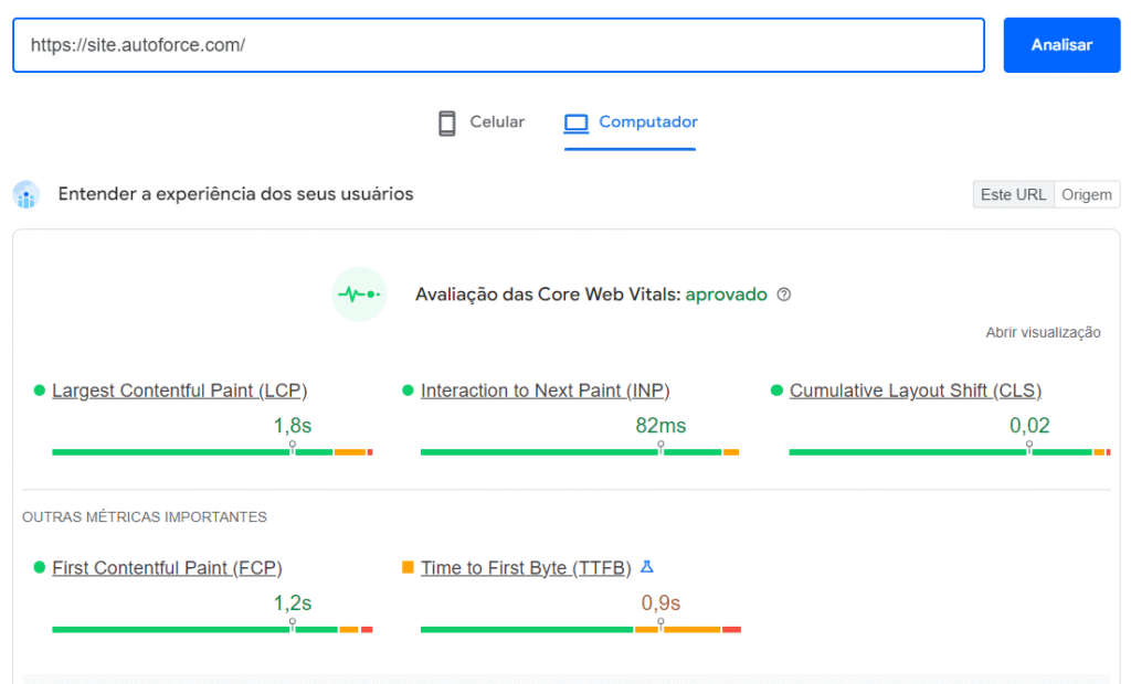 Resultado de análise do site autoforce na ferramenta PageSpeed
