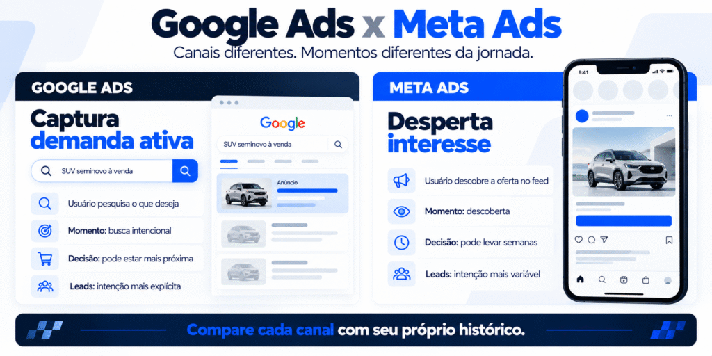 Diferença entre google ads e meta ads para concessionária