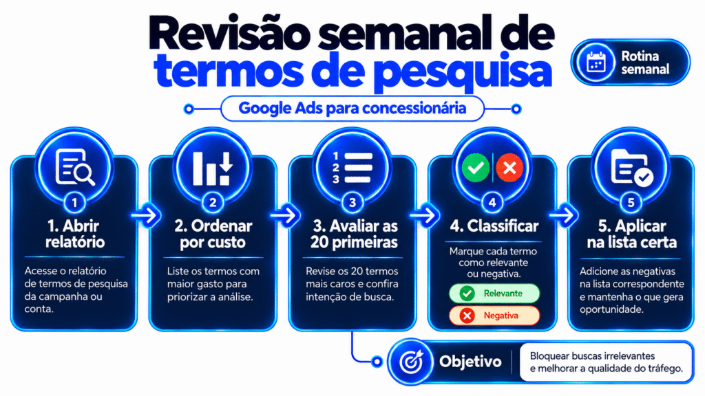 Rotina de revisão de palavras negativas no google ads para concessionária